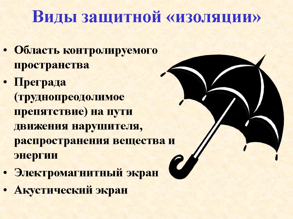 Виды защитной «изоляции» Область контролируемого пространства Преграда (труднопреодолимое препятствие) на пути движения нарушителя, распространения